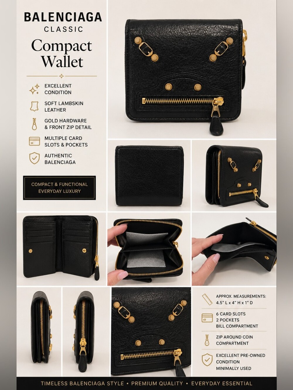 Balenciaga Classic Compact Wallet – Black Lambskin – Gold Hardware – COA